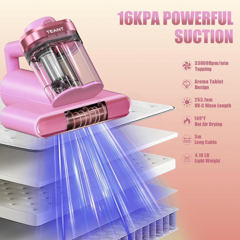 Teant Mattress Vacuum Bed Vacuum Cleaner with 253.7nm UV-C Light, Hyper Helix Motor with 16kPa Strong Suction & 33000 RPM/Min Tapping, HEPA Filter, 149℉ Heat & Ultrasonic & Anion for Bed and Pet - Image 2